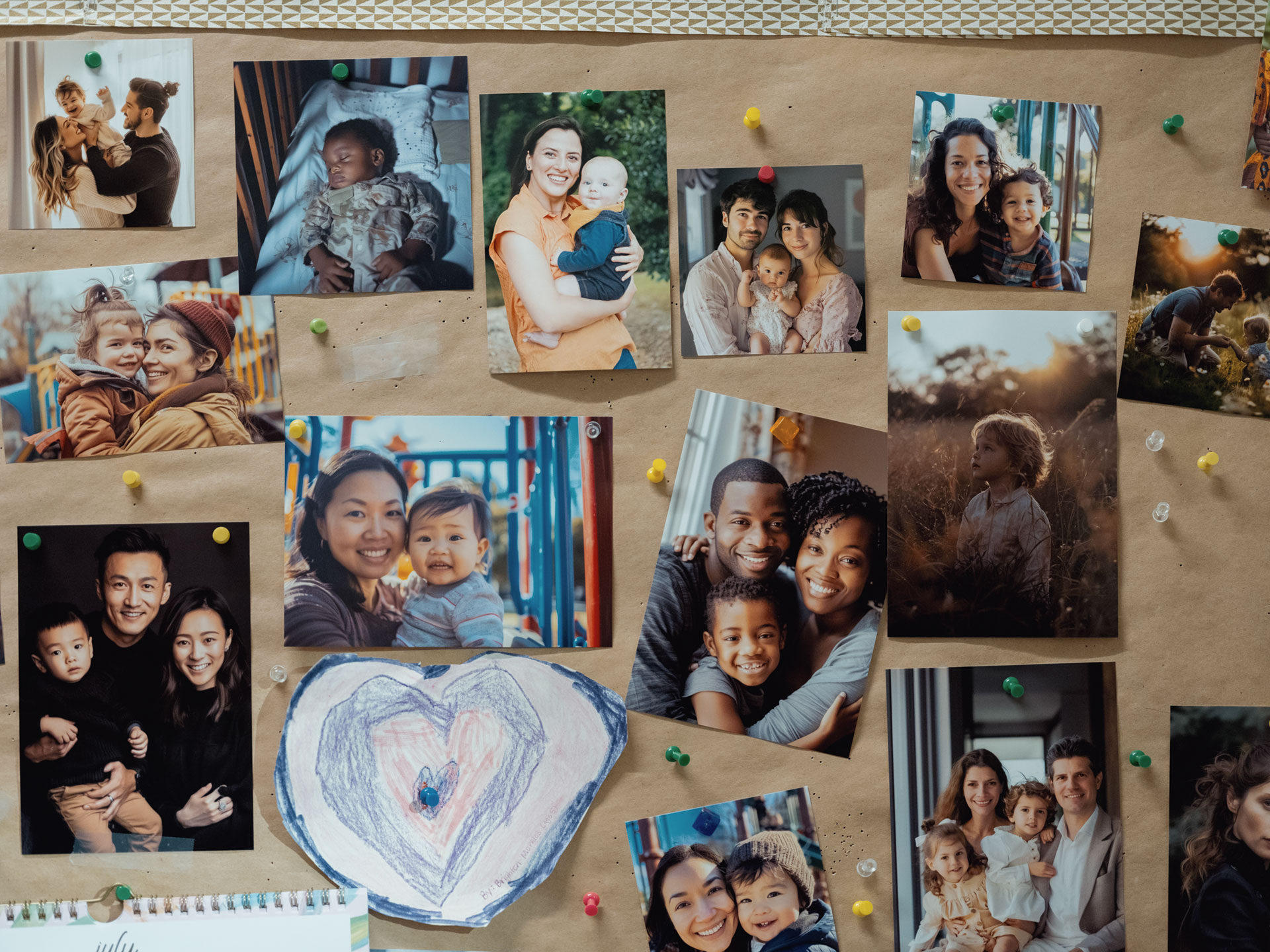 Bulletin board with many nice photos of parents and babies pinned to it